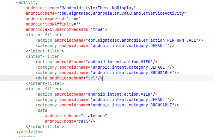 `com.eightksec.androdialer.CallHandlerServiceActivity` as exported activity