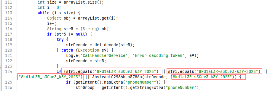 Validating if `arraryList` has one of the hardcoded secret key among `8kd1aL3R_s3Cur3_k3Y_2023` and `8kd1aL3R-s3Cur3-k3Y-2023`.